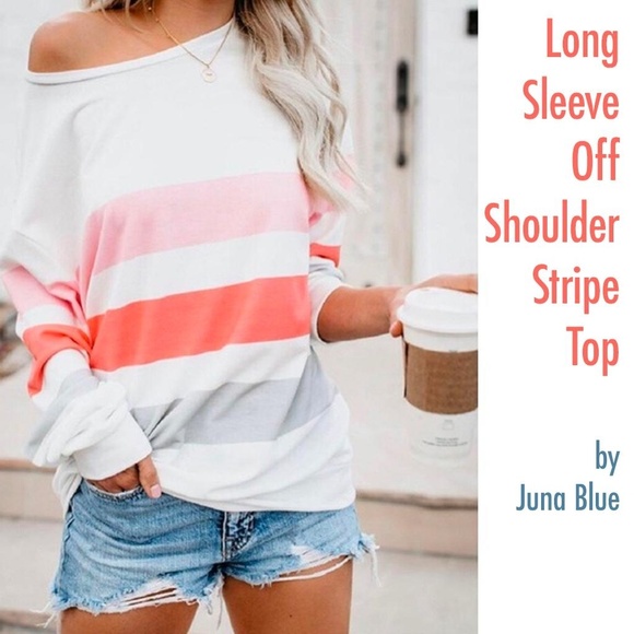 Juna Blue Tops - Long Sleeve Off Shoulder Stripe Top
